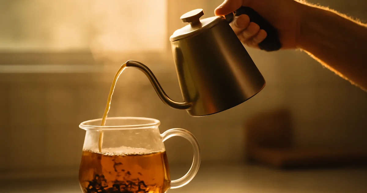 Žmogus pilsto karštą vandenį į stiklinį arbatinuką su biriąja arbata sąmoningo arbatos gėrimo ritualo metu