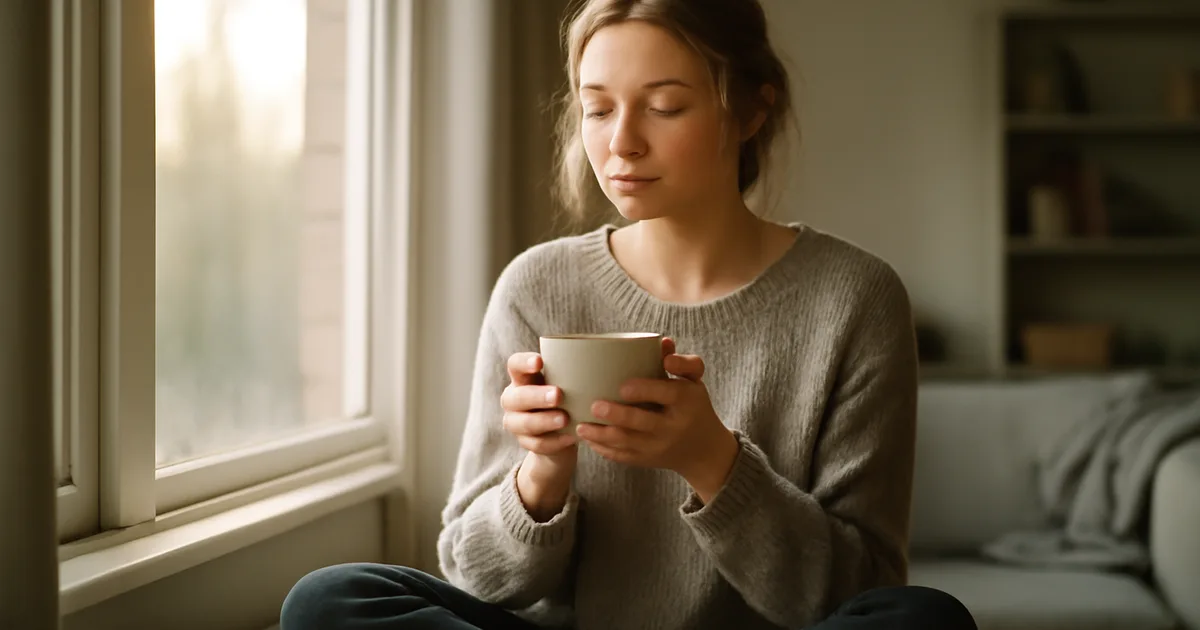 Žmogus ramiai sėdi prie saulėto lango, laikydamas puodelį arbatos sąmoningo gėrimo meditacijos metu