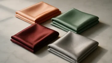 Prabangių šilkinių skarų kolekcija persikų, žalios, vyno ir sidabro spalvų, sulankstytos ant marmurinio paviršiaus