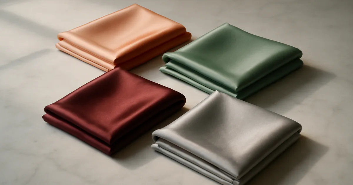 Prabangių šilkinių skarų kolekcija persikų, žalios, vyno ir sidabro spalvų, sulankstytos ant marmurinio paviršiaus