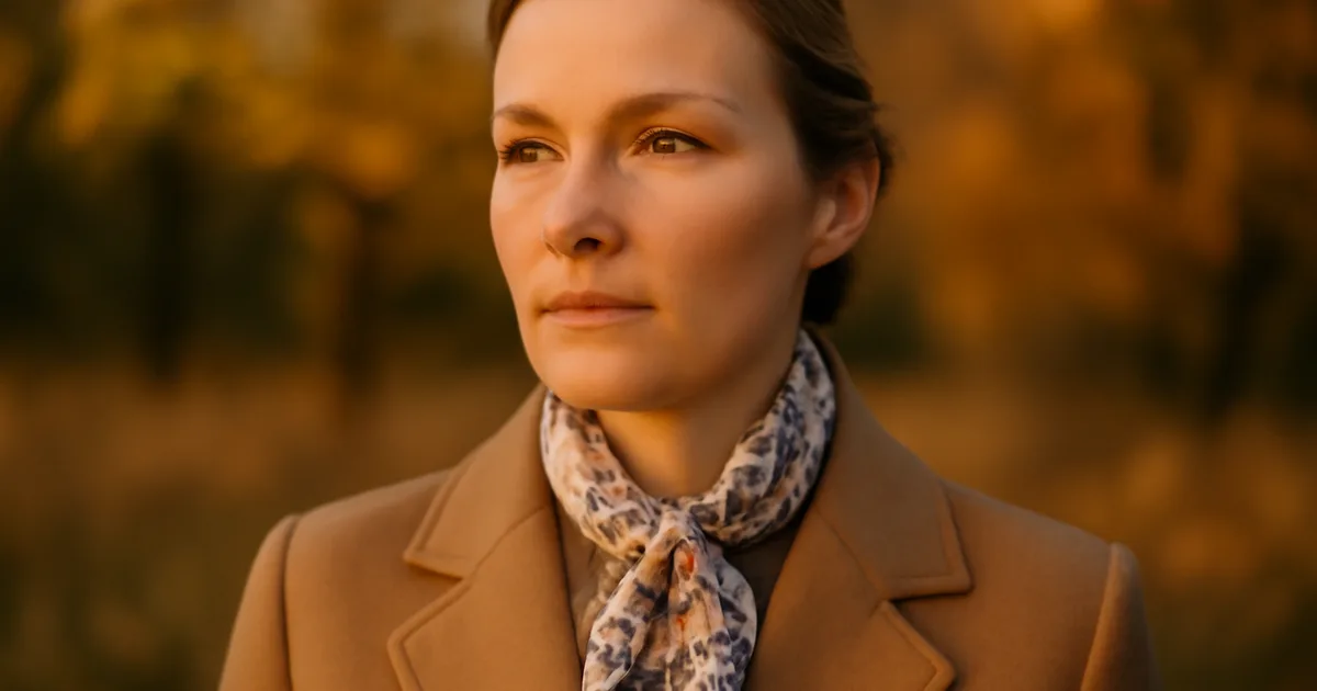 Moteris su spausdinta šilkine skara, surišta aplink kaklą, vilkinti klasikinį šeštojo dešimtmečio stiliaus paltą