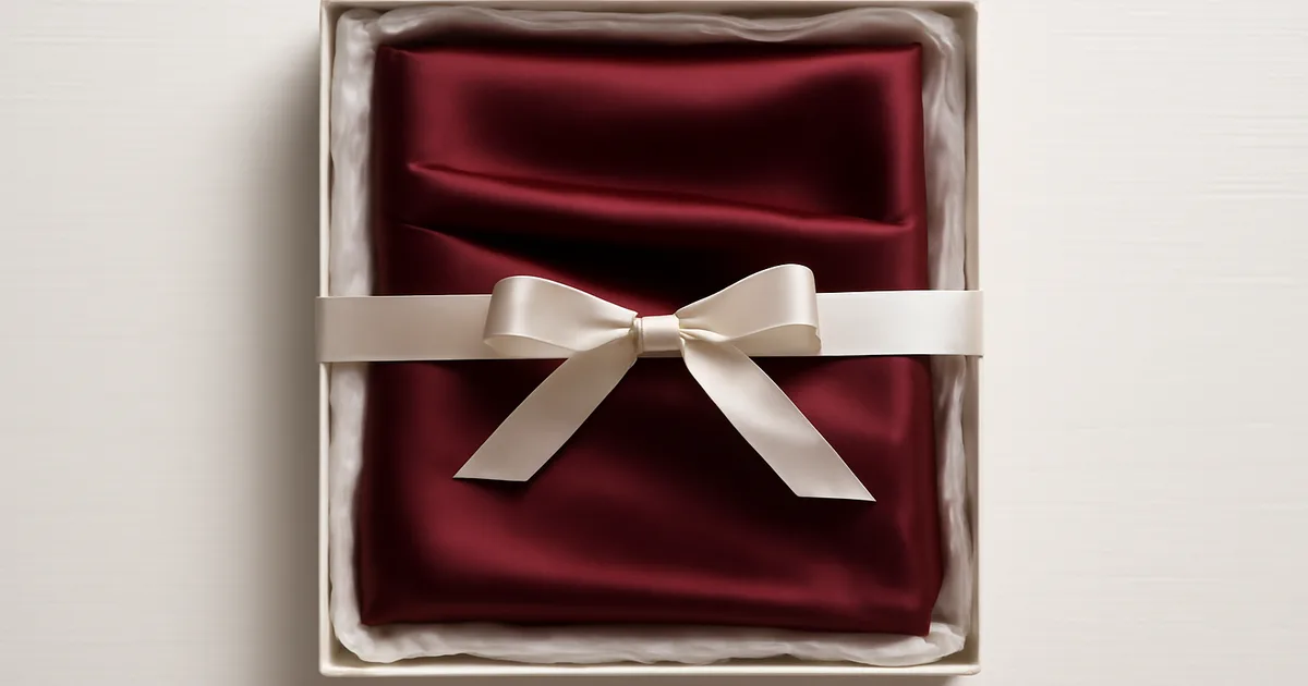 Vyno raudonumo šilkinė skara, sudėta į prabangią dovanų dėžutę su kaspinu – tobula šilkinės skaros dovana