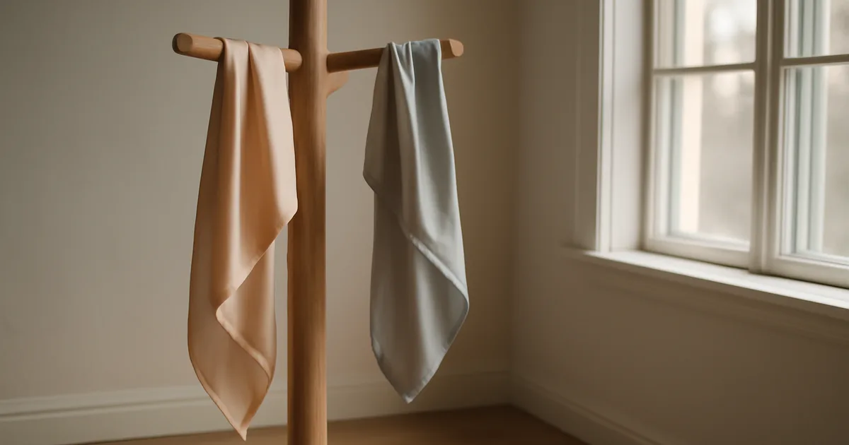 Persikų ir sidabro spalvų šilkinės skaros, užkabintos ant medinės drabužių kabyklos, švelnios natūralios šviesos fone