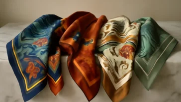 Spalvingų šilkinių šalikų kolekcija, išdėliota ant marmuro paviršiaus, atskleidžianti natūralų blizgesį ir ryškius raštus