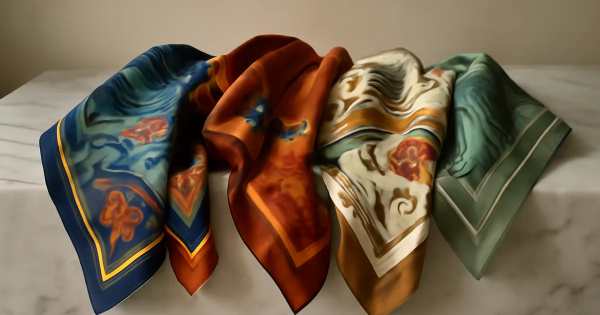 Spalvingų šilkinių šalikų kolekcija, išdėliota ant marmuro paviršiaus, atskleidžianti natūralų blizgesį ir ryškius raštus
