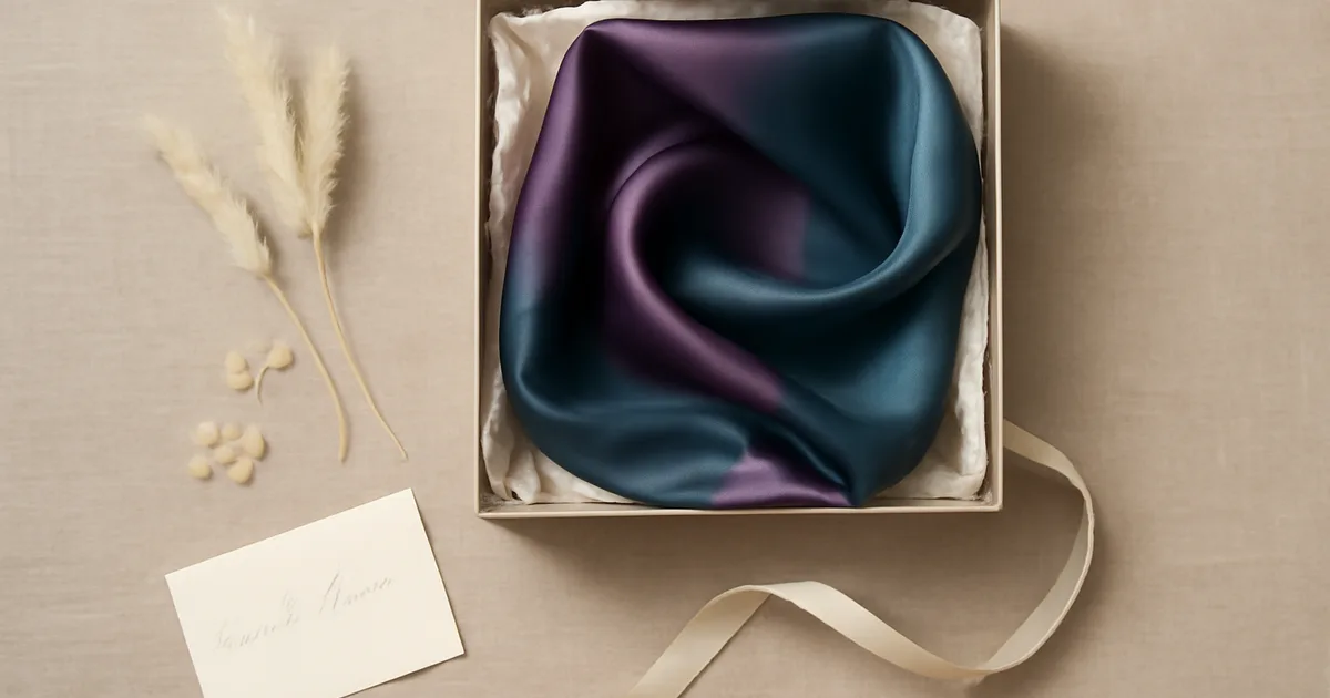 Prabangiai supakuotas šilkinis šalikas dovanų dėžutėje su kaspinu ir rankraščiu — aukščiausios klasės dovanų įteikimo pavyzdys