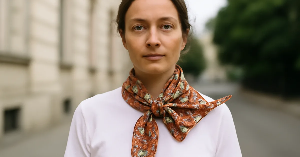 Moteris lauke, dėvinti ryškų šilkinį šaliką, klasikiniu būdu surištą aplink kaklą