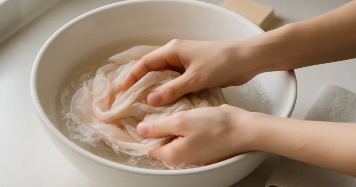 Rankos švelniai plaunančios šilkinį šaliką baltame dubenyje su vėsiu vandeniu — tinkamos šilko priežiūros pavyzdys