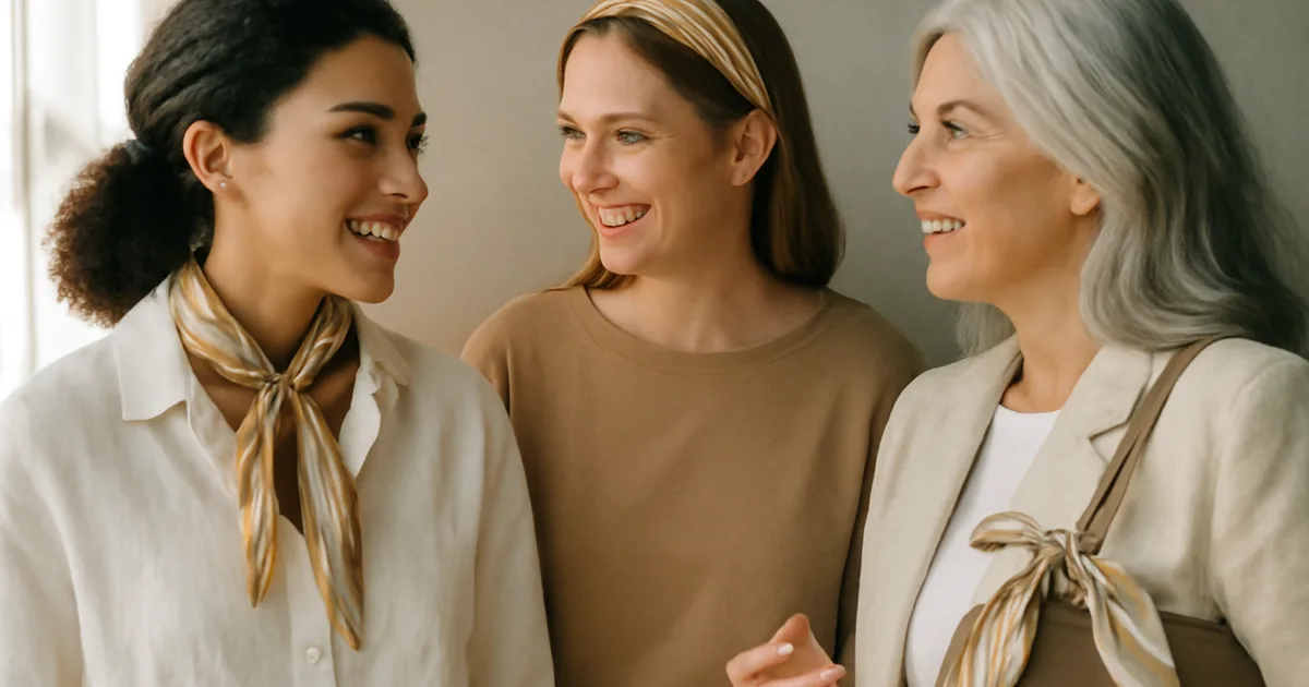 Three women of different ages wearing silk scarves styled in different ways — a versatile gift