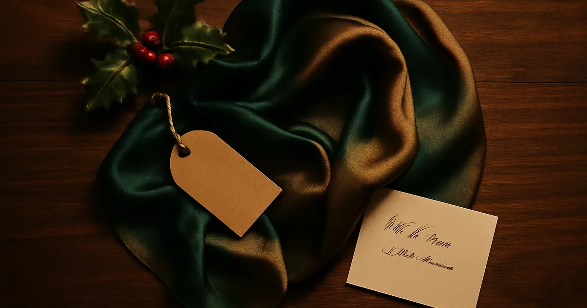 Silk scarf gift styled with Christmas gift tag and holly on a dark wood surface