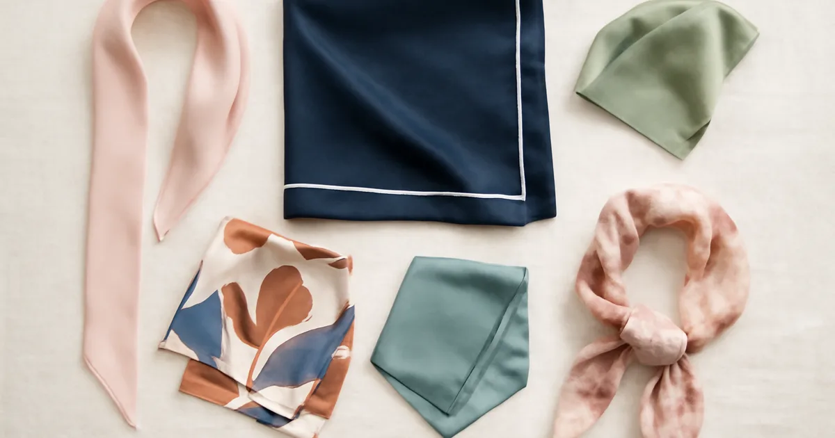 Five silk scarves in different sizes and patterns arranged as gift options on cream linen