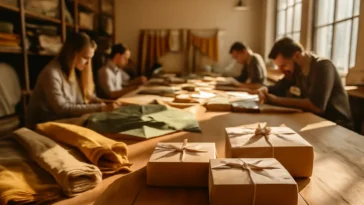 Amatininkai, dirbantys tvaraus vietinio mados prekių ženklo studijoje, pirmame plane – aplinkai draugiška dovanų pakuotė