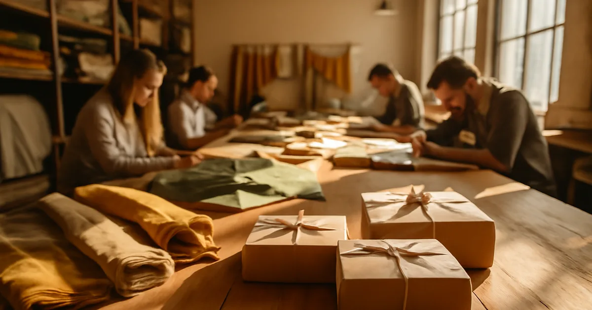 Amatininkai, dirbantys tvaraus vietinio mados prekių ženklo studijoje, pirmame plane – aplinkai draugiška dovanų pakuotė