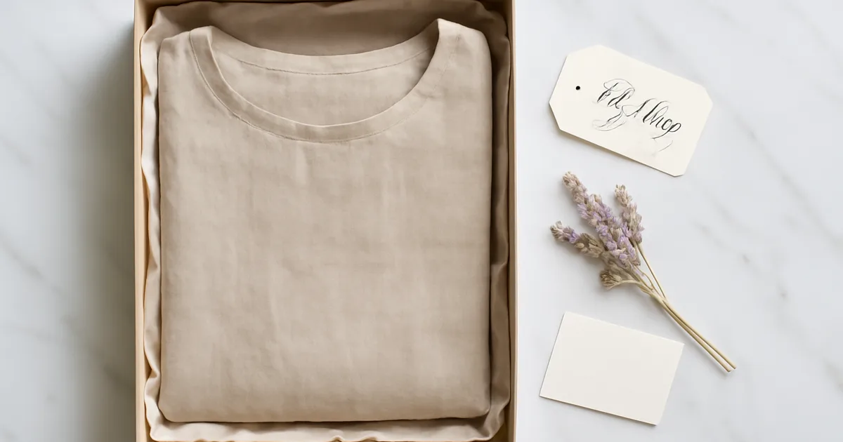 Tvaraus vietinio mados prekių ženklo dovanų dėžutė su ranka rašytu žymeniu ir aplinkai draugiška pakuote ant marmurinio paviršiaus