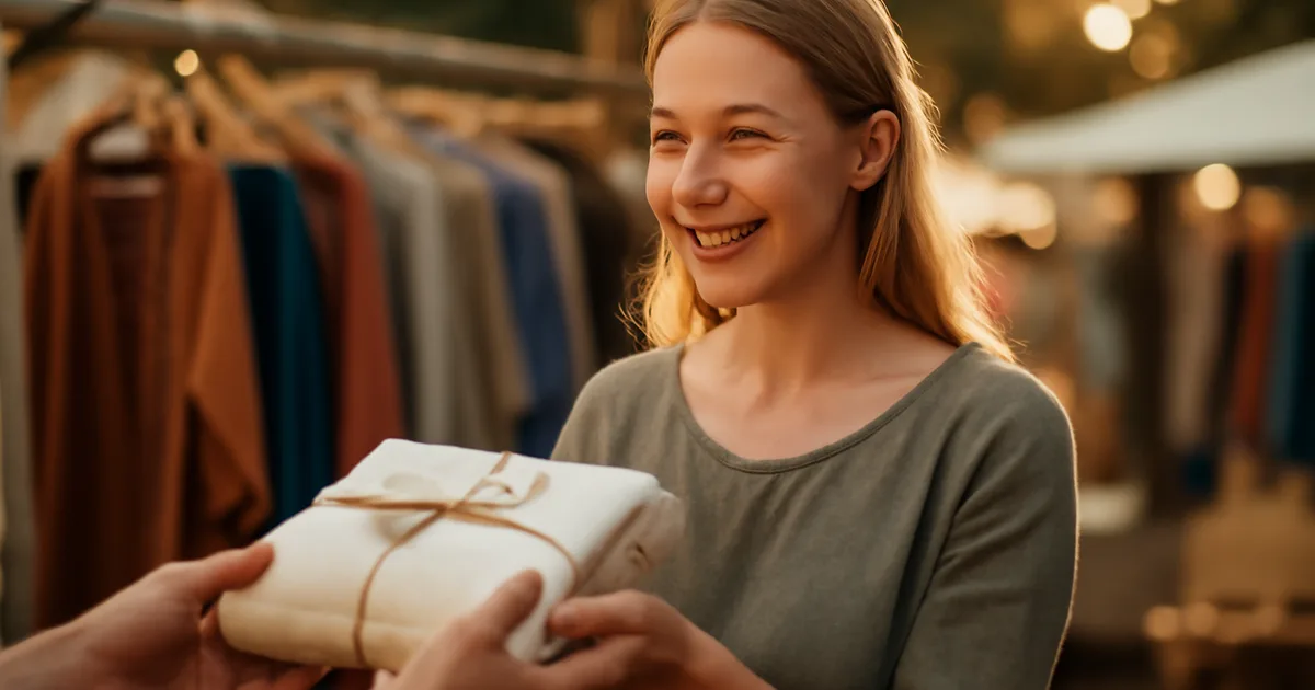 Žmogus, gaunantis tvaraus vietinio mados prekių ženklo dovaną amatininkų turguje, kuriame eksponuojami natūraliai dažyti audiniai