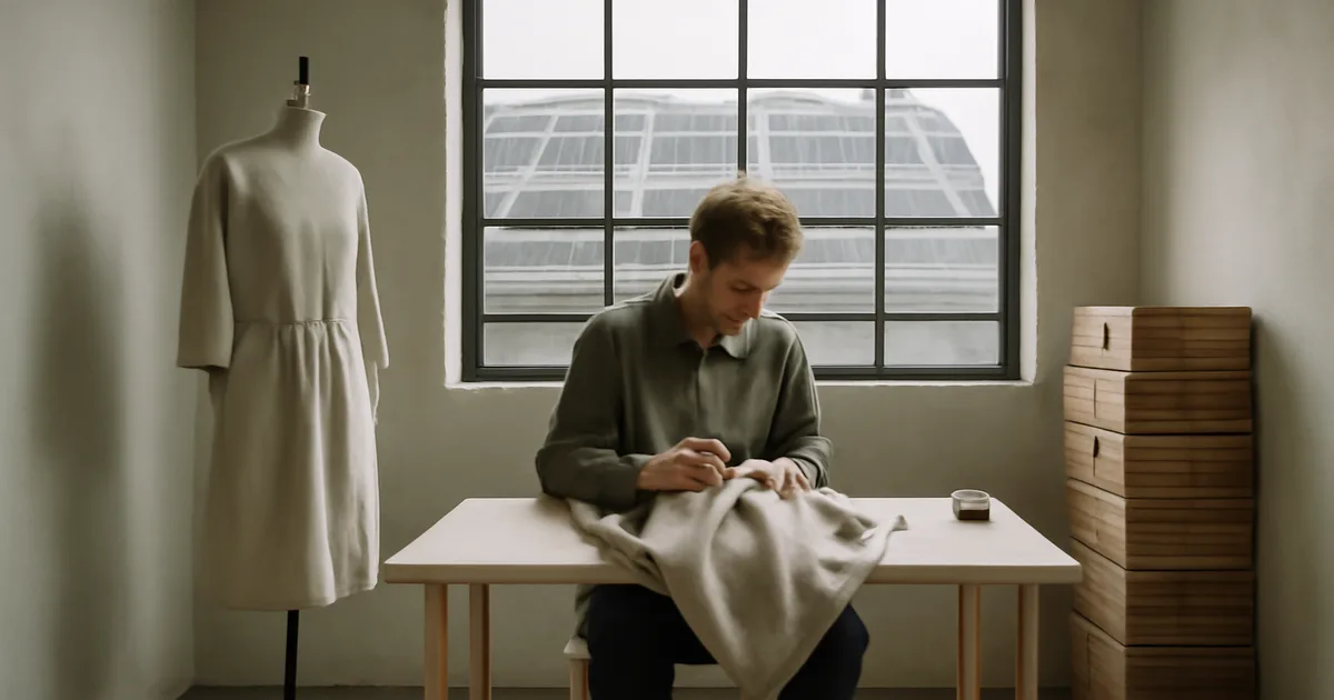 Vietinio mados prekių ženklo dizaineris, rankomis baigiąs tvarų drabužį energetiškai efektyvioje studijoje su matomais saulės kolektoriais