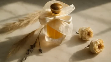 Elegantiškai supakuota kvepalų dovana ant marmurinio paviršiaus su botaniniais akcentais — tobulas dovanojimo momentas