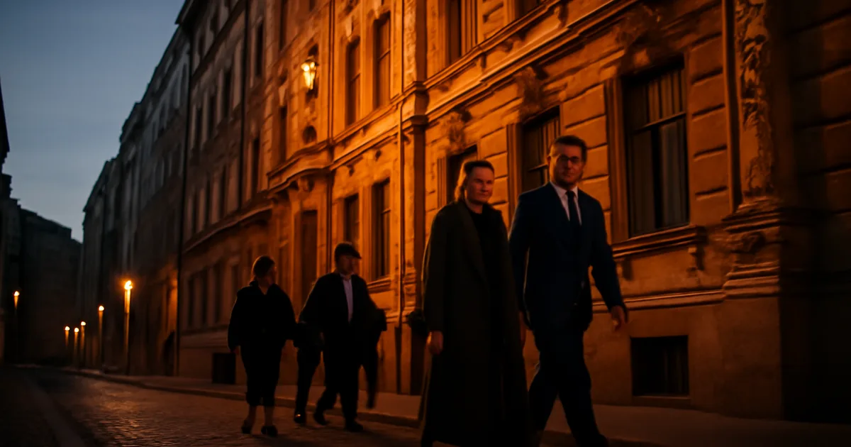 Riga Art Nouveau district at dusk with fashion event attendees, backdrop of Fashion Waves Latvia 2025
