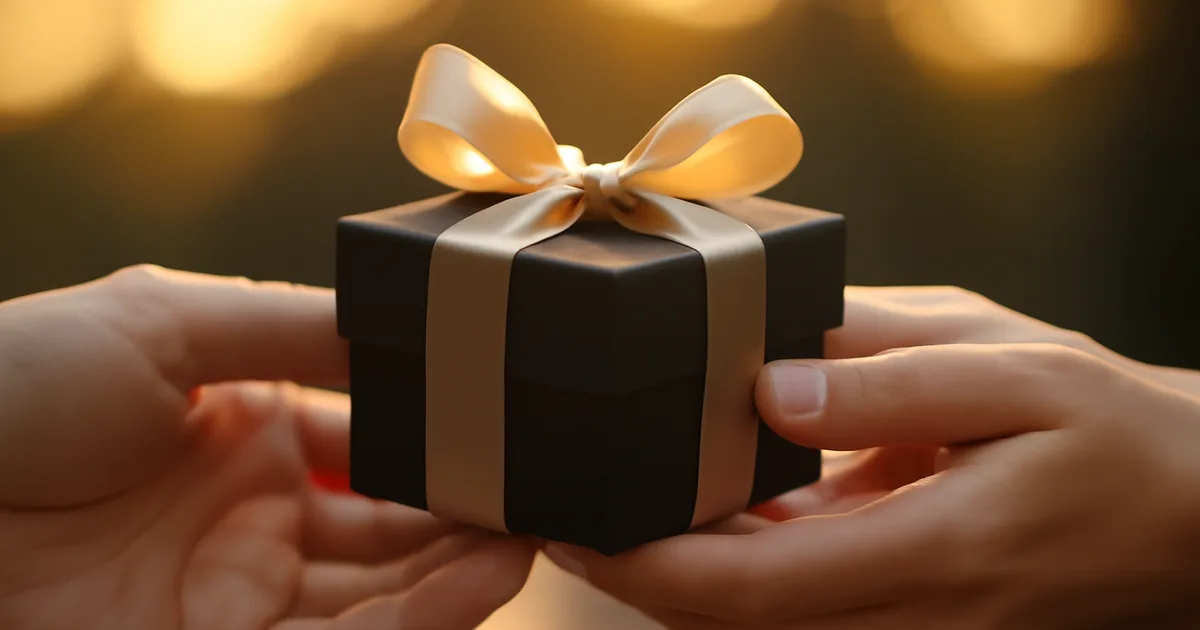 Two hands exchanging a luxury perfume gift box tied with a satin bow — gifting perfume