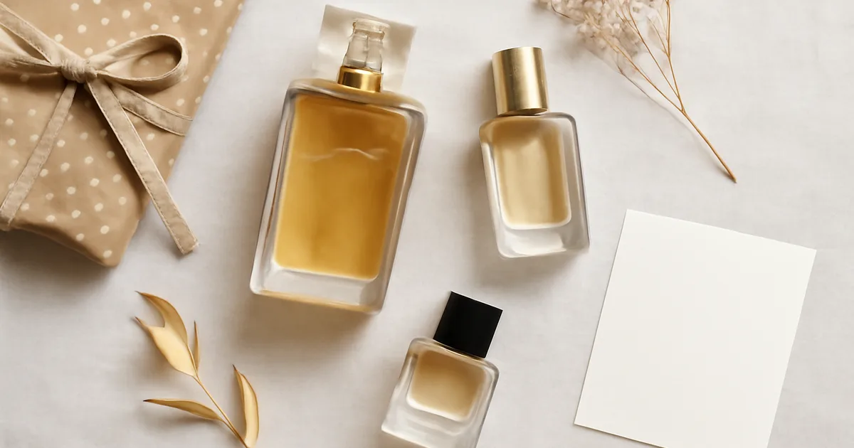 Flat-lay of perfume bottles with gift wrapping and botanicals — choosing perfume as a gift