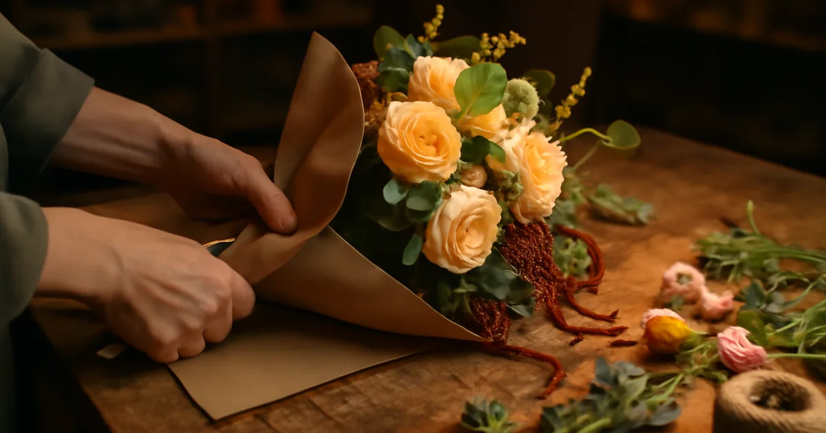 Floristė vynioja šviežią sezoninę puokštę į kraft popierių — kaip išsirinkti geriausią gėlių dovaną