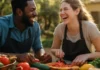 Two friends sharing an experiential gift at an outdoor cooking class, laughing together in warm sunlight