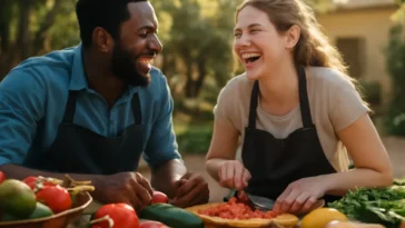 Two friends sharing an experiential gift at an outdoor cooking class, laughing together in warm sunlight