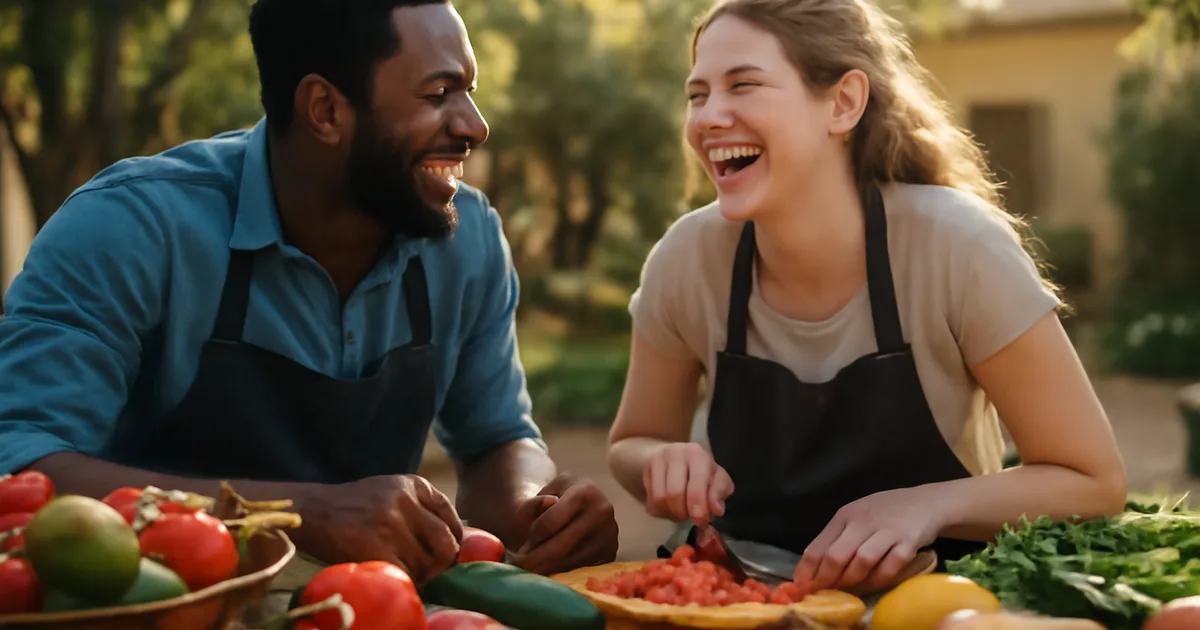 Two friends sharing an experiential gift at an outdoor cooking class, laughing together in warm sunlight