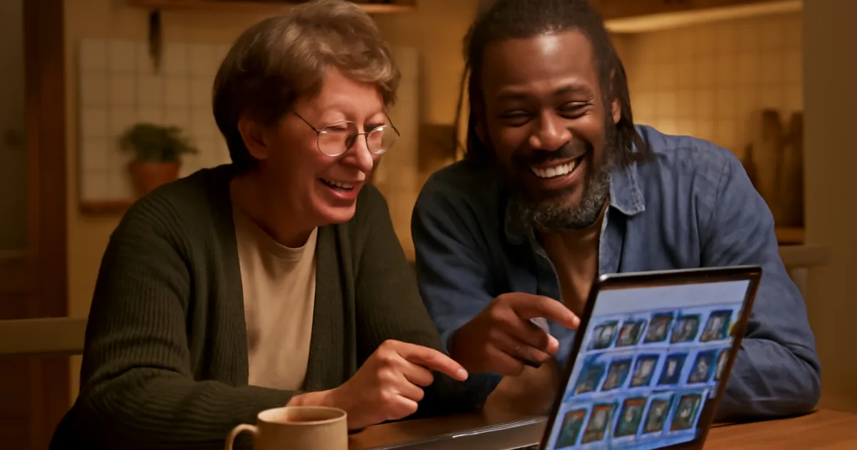 Two people revisiting shared experience photos together, reinforcing the memory and gratitude from an experiential gift