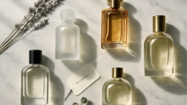 Elegantiški kvepalų buteliukai ant marmuro paviršiaus su botaniniais elementais — ką jūsų kvepalai sako apie jus
