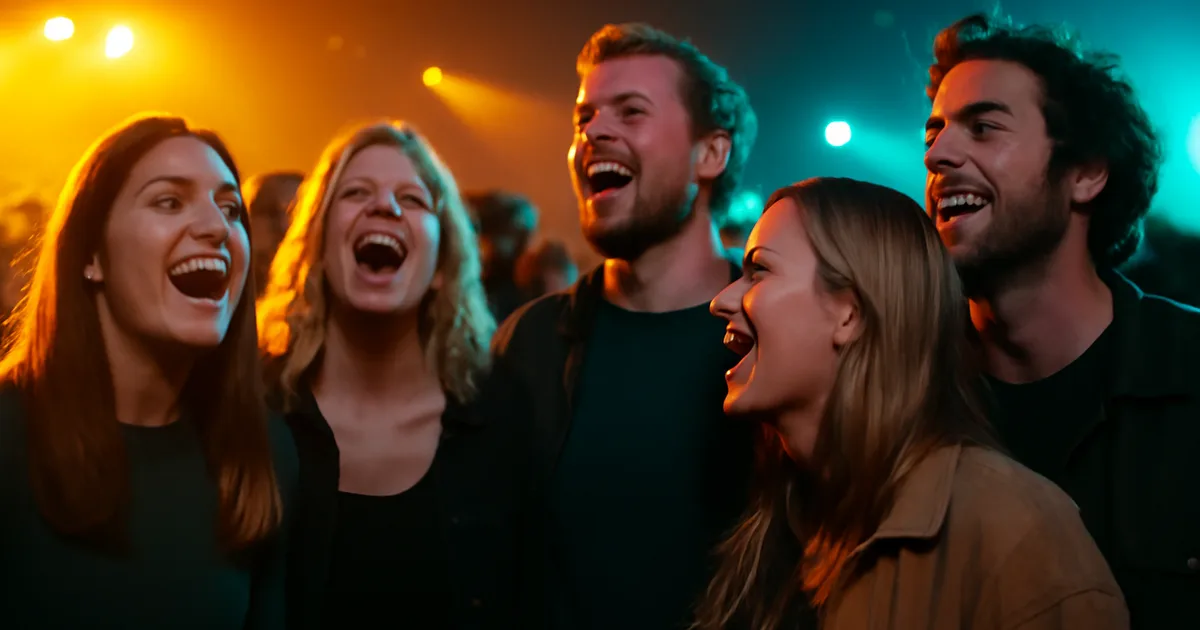 Draugų grupė mėgaujasi gyva muzika kaip bendra patirtine dovana, spalvingų scenos žibintų apšviesta