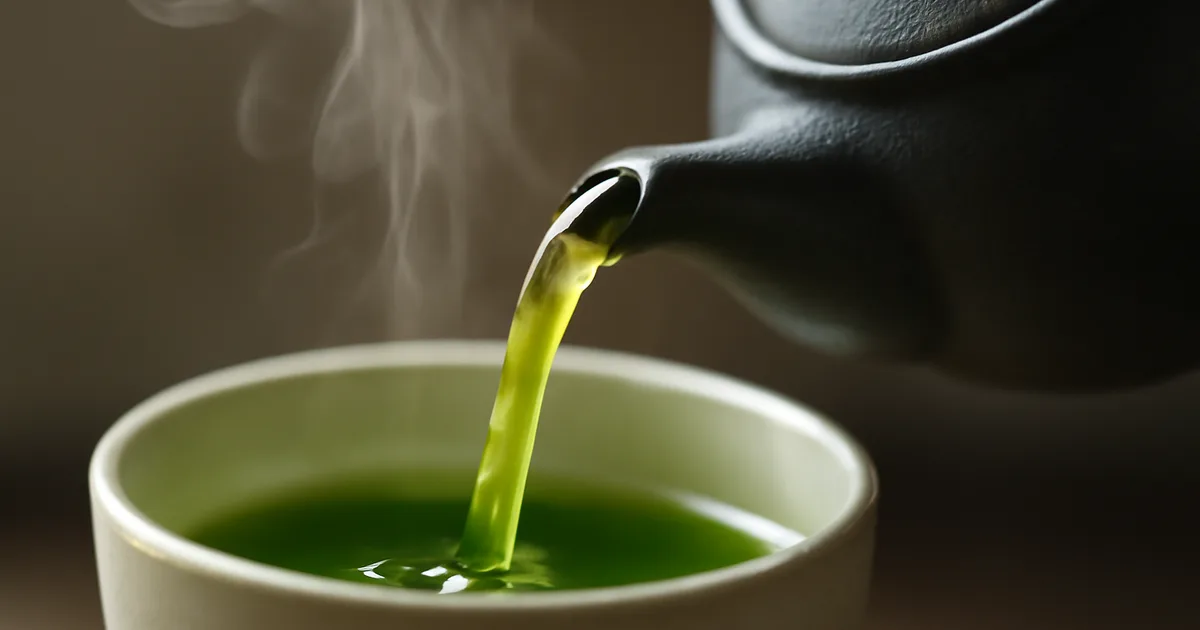 Žalioji arbata lėtai pilama iš japonų kyusu arbatinuko, iliustruojant sąmoningą arbatos ruošimą