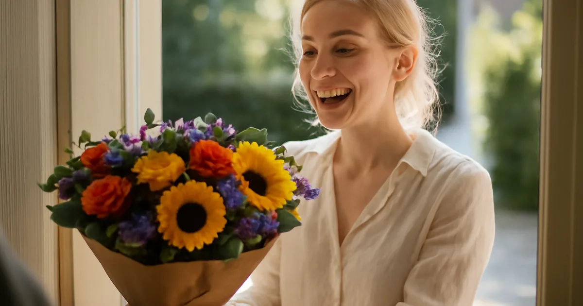 Moteris prie durų gauna spalvingą gėlių puokštę ir nuoširdžiai bei džiaugsmingai šypsosi — gėlės pagerina nuotaiką