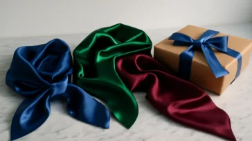 Šilkinių skarelių stilizavimo plokščias išdėstymas su spalvingais foulard ir įpakuotomis dovanų dėžutėmis ant marmuro paviršiaus