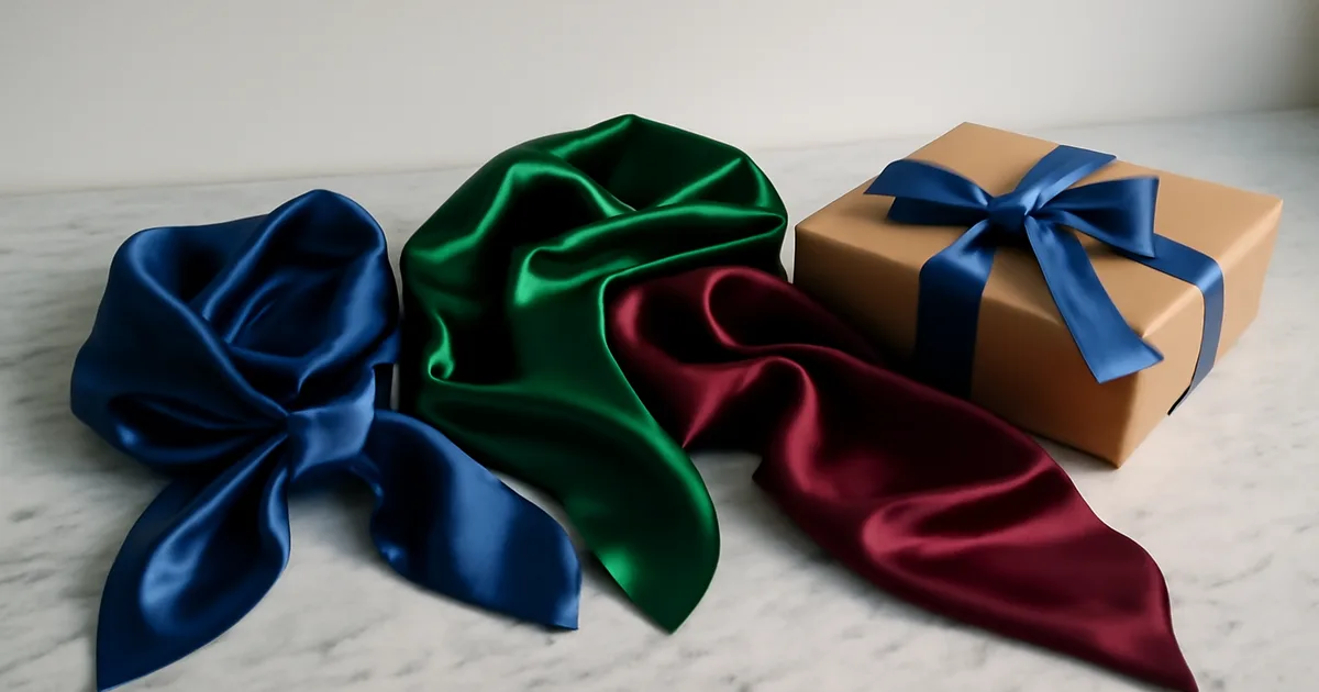 Šilkinių skarelių stilizavimo plokščias išdėstymas su spalvingais foulard ir įpakuotomis dovanų dėžutėmis ant marmuro paviršiaus