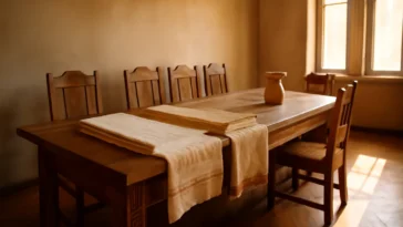 Tarpukario lietuviško dizaino interjeras su art deco stiliaus liaudies motyvų baldais ir Baltijos lino tekstile Kaune