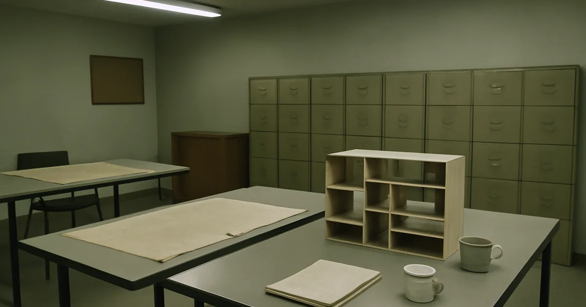 Septintojo dešimtmečio sovietmečio lietuviško dizaino studija su braižymo stalais ir baldų prototipais, liudijanti pramoninės meninės konstrukcijos dvasią