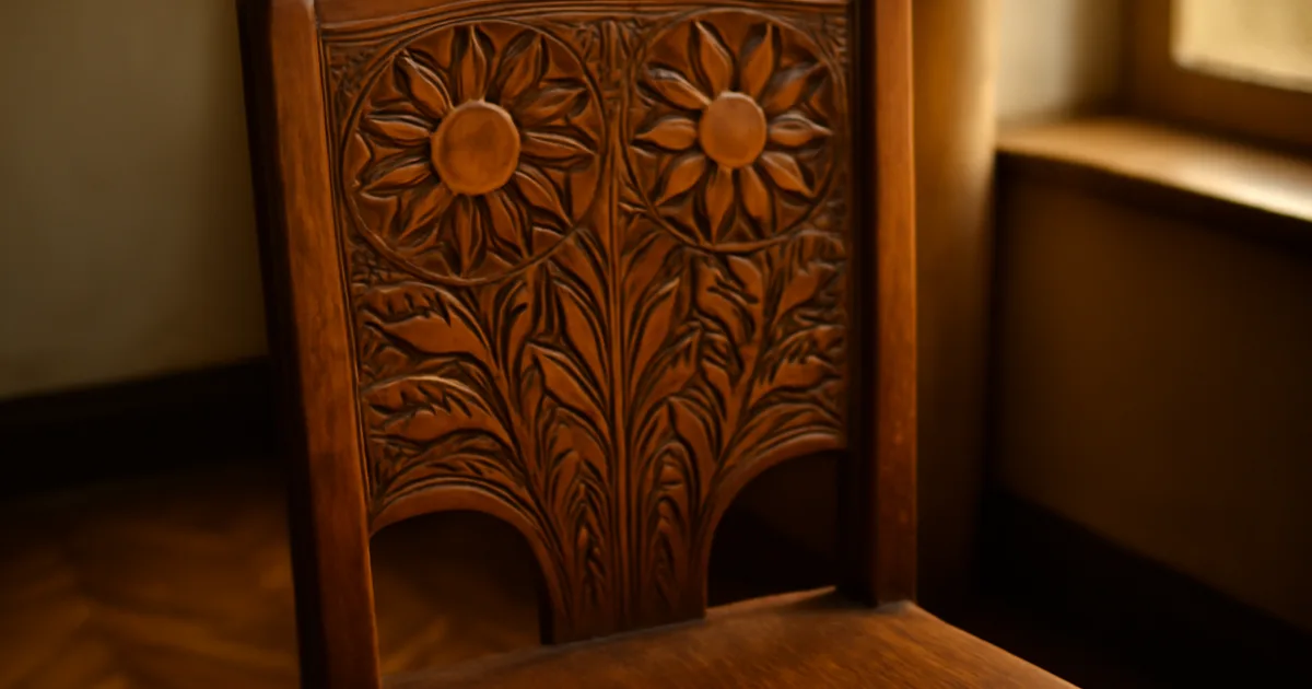 Senovinis lietuviškas art deco medinis krėslas su liaudies motyvų raižiniais tarpukario Kauno interjero aplinkoje