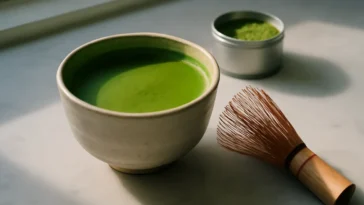Matcha latte keraminiame puodelyje ant balto marmuro su bambukiniu šluotele ir matcha miltelių dėžute