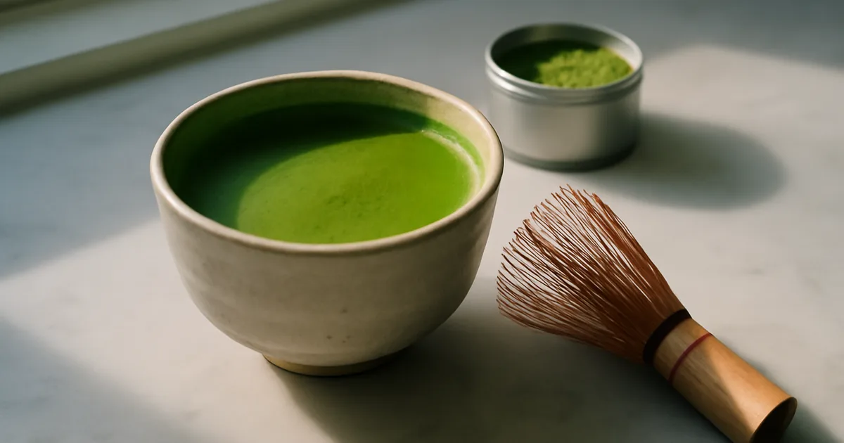 Matcha latte keraminiame puodelyje ant balto marmuro su bambukiniu šluotele ir matcha miltelių dėžute