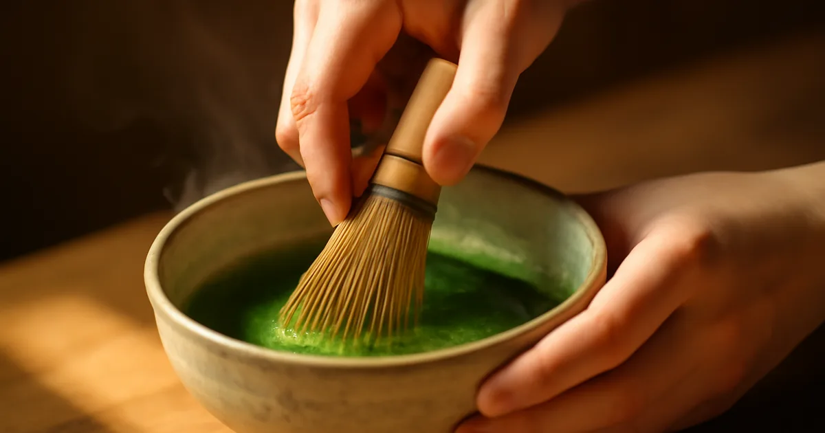 Rankos plakančios matcha miltelius tradiciniame keraminiame dubenyje su kylančiais garais