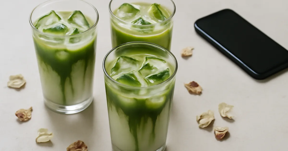 Ledinis matcha latte, estetiškai pateiktas socialiniams tinklams, šalia išmaniojo telefono su atidarytu „Instagram