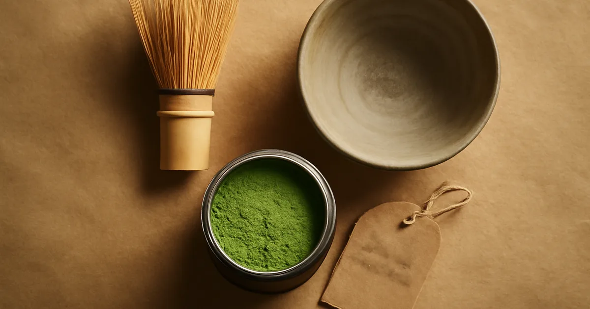 Aukščiausios kokybės matcha dovanų rinkinys su bambukiniu šluotele, keraminiu dubeniu ir ceremoninio matcha dėžute ant kraftinio popieriaus