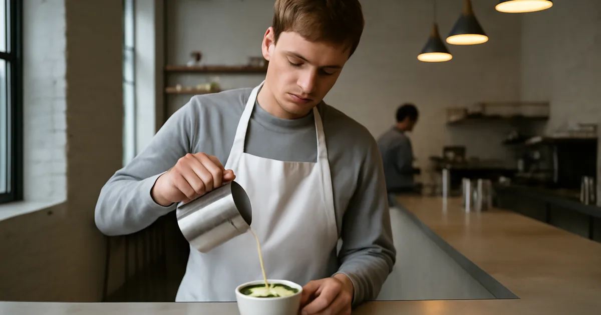 Baristos rankos pilančios garinto pieno į matcha latte minimalistinėje Vilniaus kavinėje