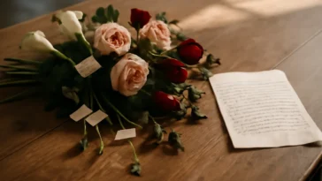 Florografijos puokštė su rašytiniu laišku — gėlių kalba dovanoms