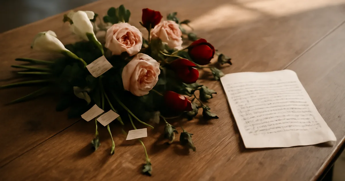 Florografijos puokštė su rašytiniu laišku — gėlių kalba dovanoms