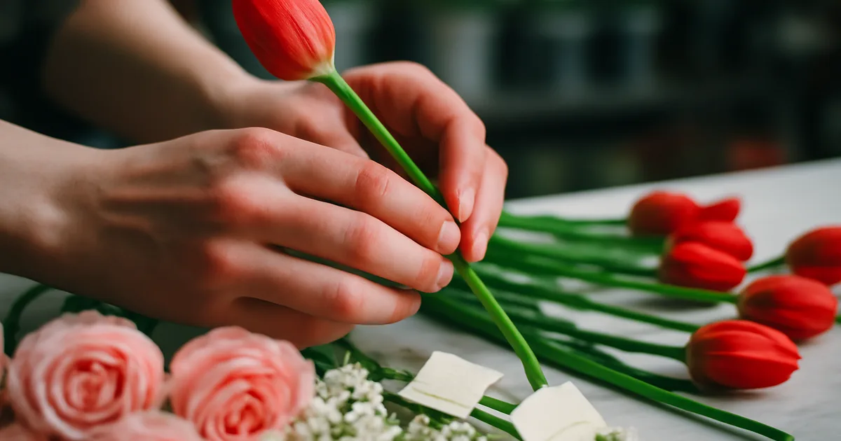 Floristas renka gėles pagal jų reikšmes — gėlių kalba dovanoms