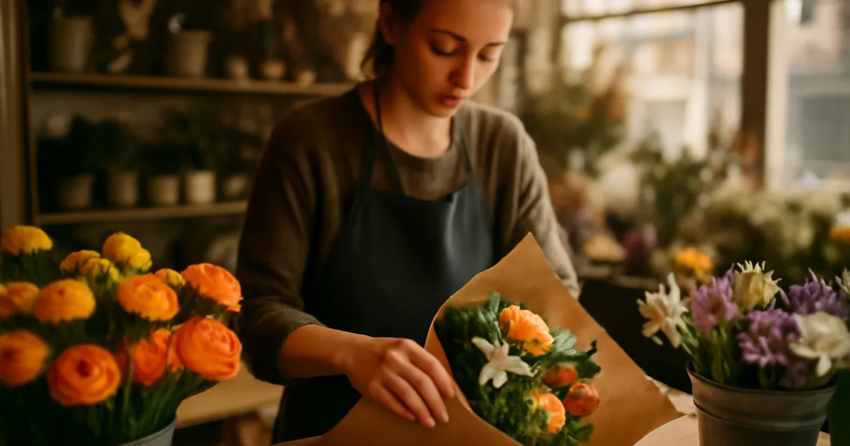 Floristas vynioja gėlių puokštę gėlių parduotuvėje — kaip rasti patikimą gėlių šaltinį
