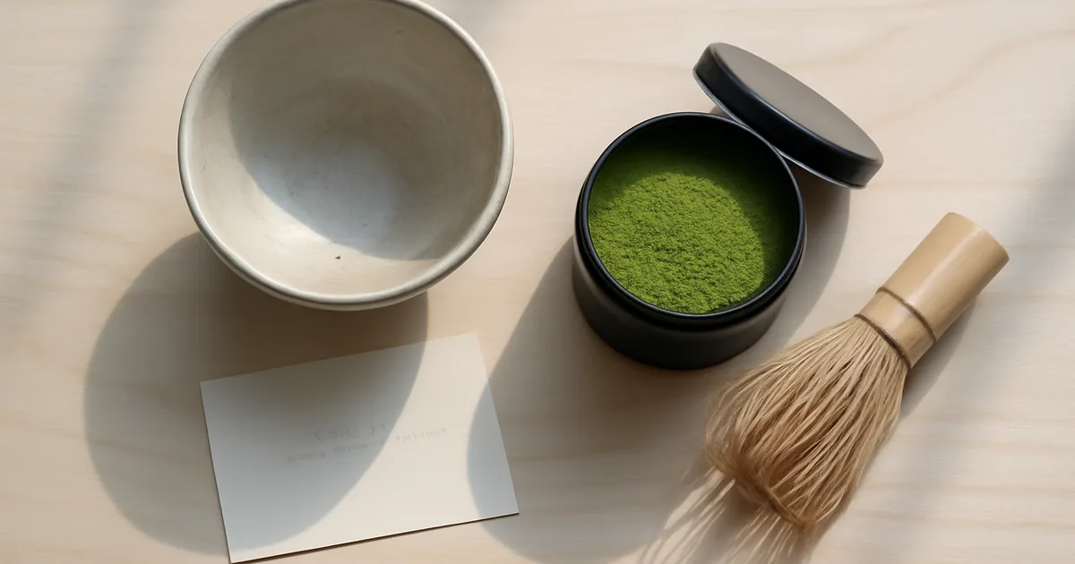 Matcha dovanų rinkinys su bambuko šluotele ir keraminiu dubeniu ant medinio paviršiaus