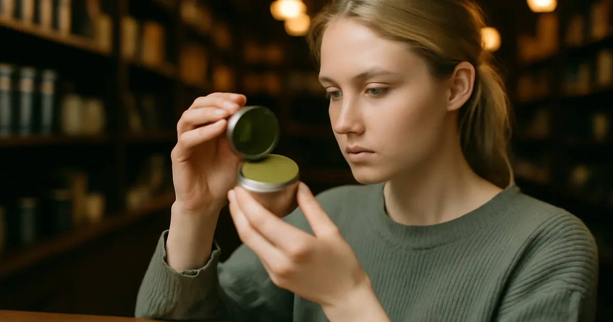 Žmogus specializuotoje parduotuvėje tikrina matcha miltelių kokybę ir kilmę prieš pirkdamas dovaną
